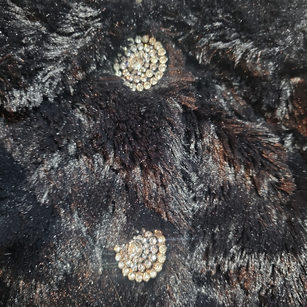 Me Jane Black Faux Fur Jacket Size M Rhinestone Button Plush Coat - Picture 6 of 10